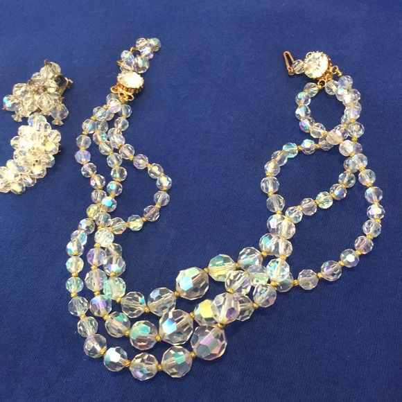 Antique Crystal 3-string Choker necklace-Earrings - Picture 2 of 5